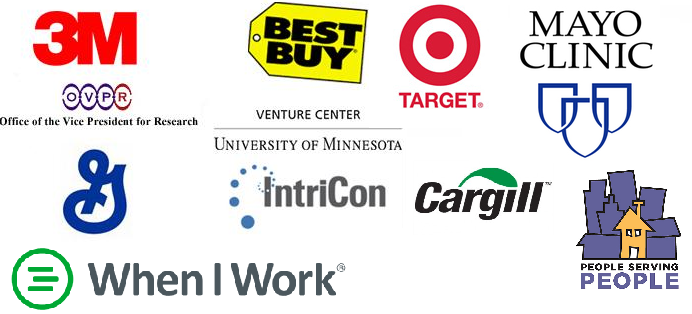 Client Logos: 3M, Best Buy, Target, Mayo Clinic, OVPR, General Mills, Intricon, Cargill, People Serving People, and When I Work