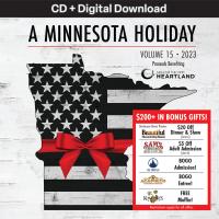 A Minnesota Holiday Vol. 15 album cover. Black and white Minnesota state outline with a red bow.