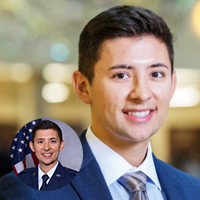 A headshot of Tyler Ledford as a business professional alongside a photo of Ledford in his Air Force uniform.