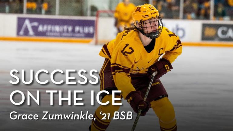 Grace Zumwinkle skates on the ice. The headline reads "Success on the Ice: Grace Zumwinkle, '21 BSB"