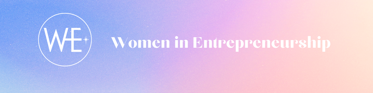 White text "Women in Entrepreneurship" on purple and pink gradient background