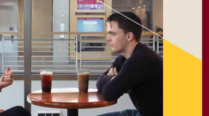 A student and a professor have a conversation over coffee.