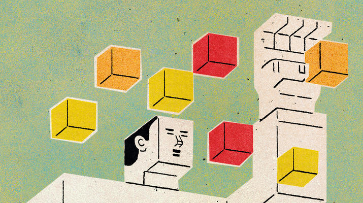 An illustration of a block person collecting cubes
