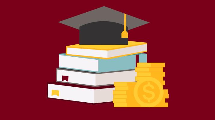 Illustration of graduate cap on top of stack of books with a stack of coins next to them.