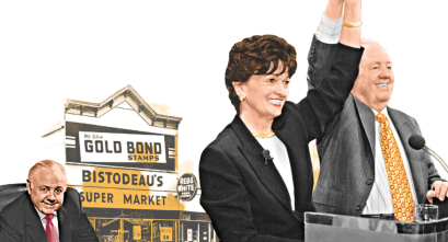 Illustrated collage of business leader Marilyn Carlson Nelson and Curt Carlson, her father.