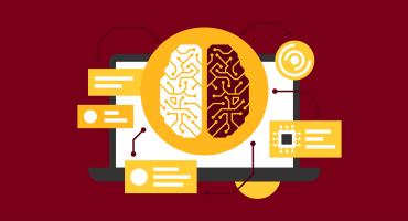 Illustrated graphic of a brain over a laptop representing artificial intelligence.