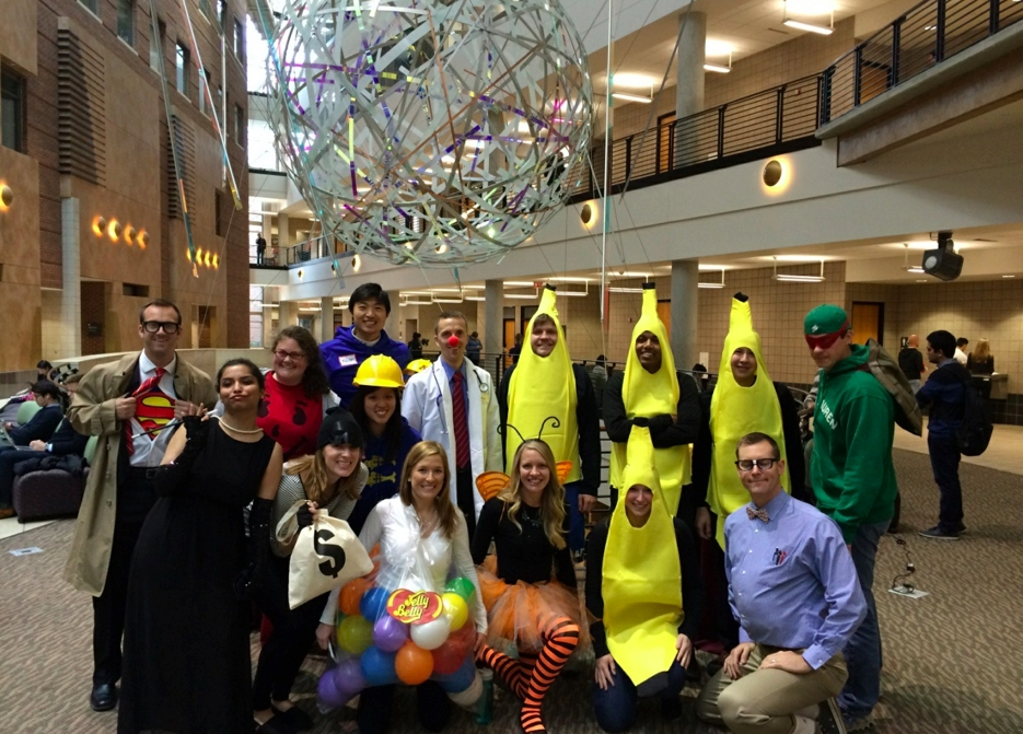 MBA Students in Halloween Costumes in the Atrium