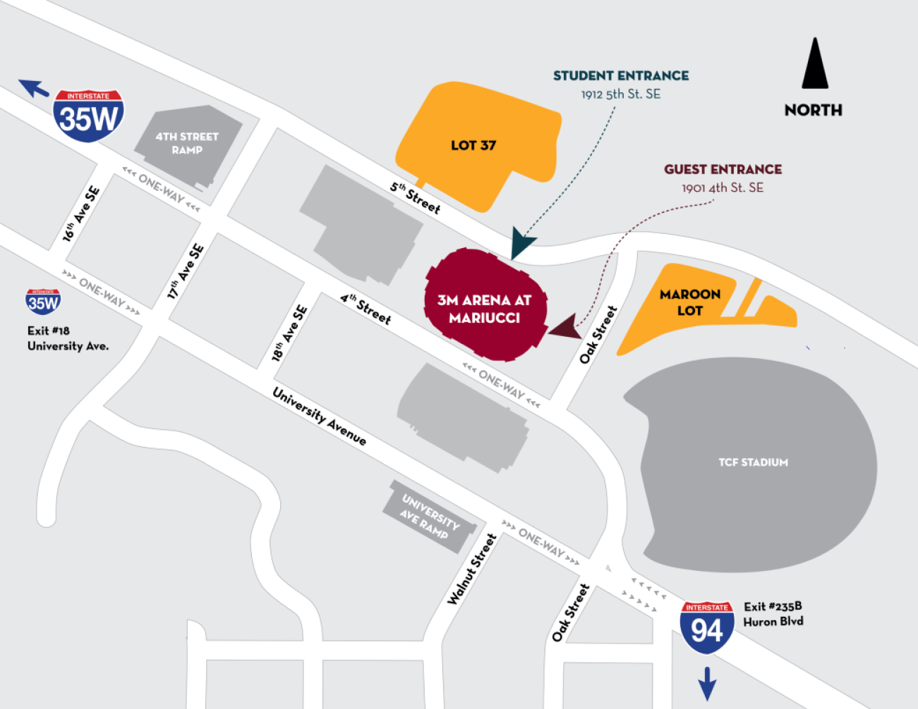 Map showing the location of Mariucci on the University of Minnesota campus, the student entrance is at 1912 5th St SE, the guest entrance is at 1901 4th St SE