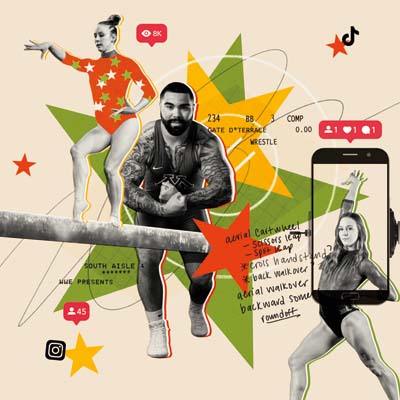 illustration of a gymnast, wrestler, and social media symbols