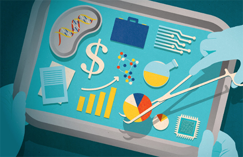 An abstract illustration depicting various business and technology symbols and icons, including a dollar sign, pie charts, a bar graph, computer chips, and briefcases, arranged on a teal and grey digital surface or device, representing concepts related to data analysis, finance, and the intersection of business and technology