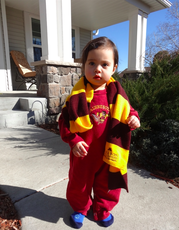 Toddler Wearing University of Minnesota Jumpsuit and Carlson Scarf