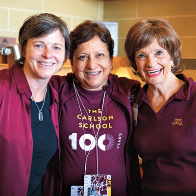 Sri Zaheer poses with Wendy Nelson and Marilyn Carlson Nelson at the Carlson School's 100-year celebration.