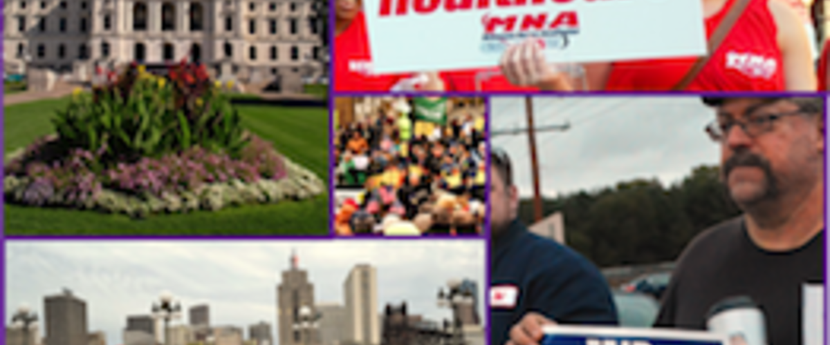 Photo Collage of State of the Unions: Flowers, People Holding Signs, and Skyline