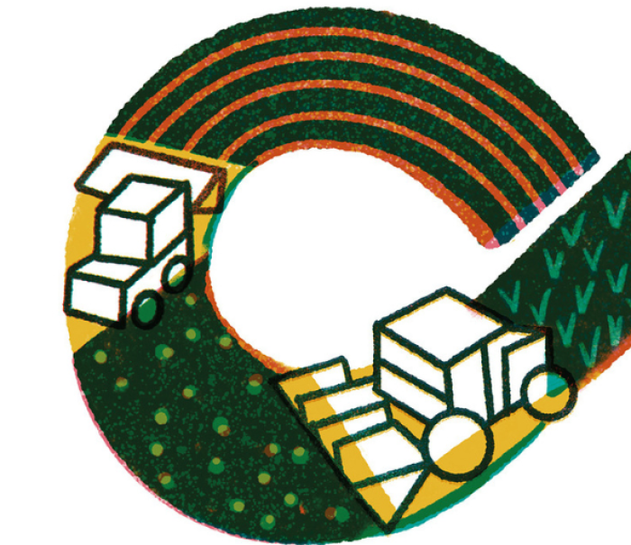 Illustration of farm tractors driving through field in infinity symbol