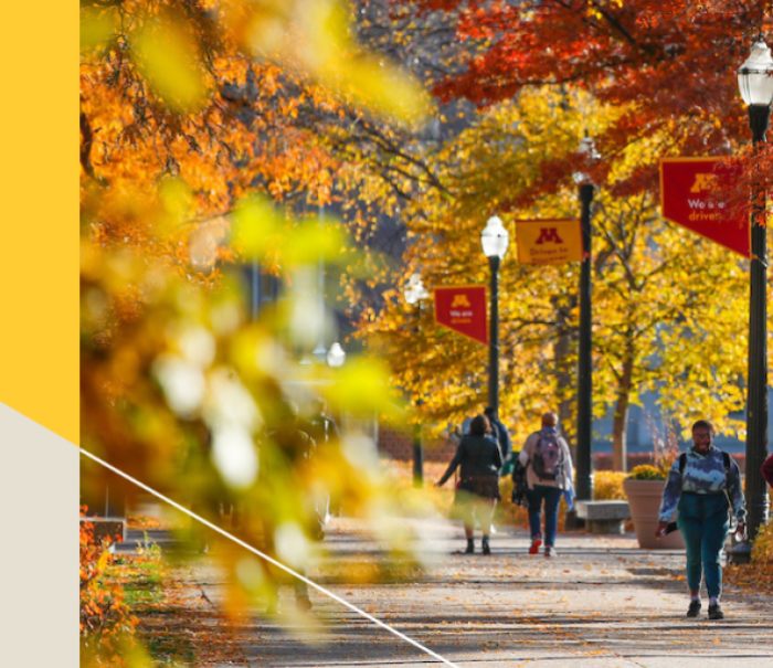 University of Minnesota students walking down campus street during Fall.