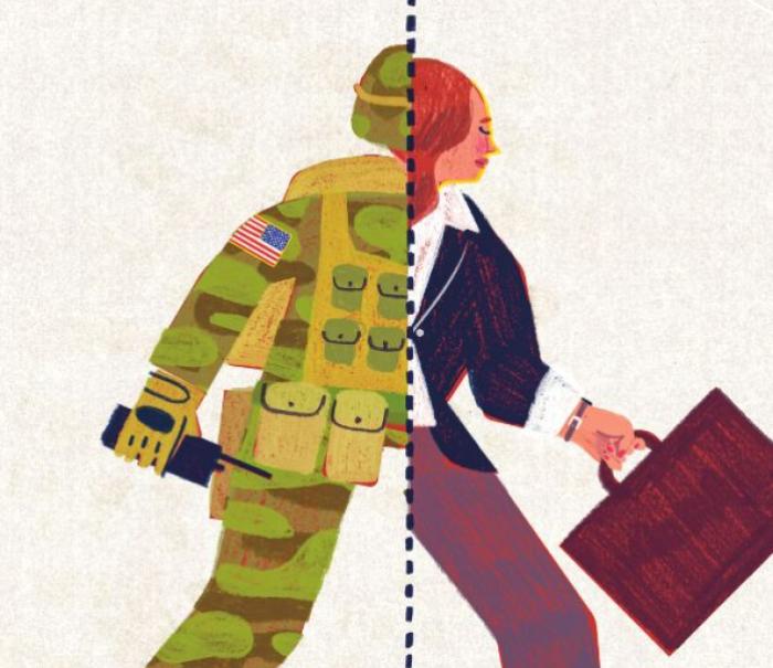Illustration of business woman transitioning from military uniform