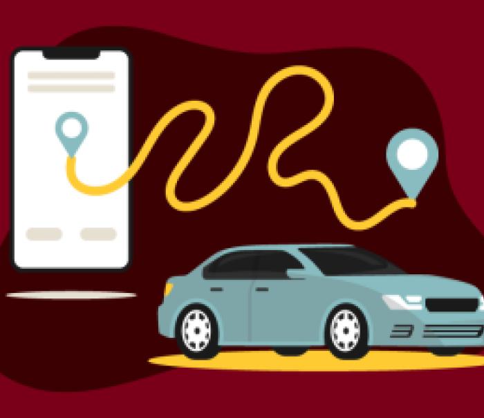 A graphic illustration of a phone with a rideshare app open alongside a car.