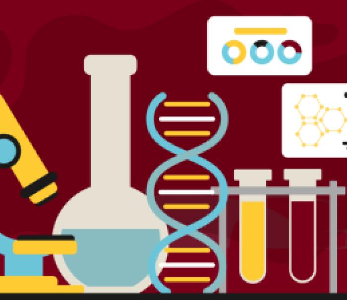A graphic illustration of scientific equipment like a beaker, test tubes, and microscope, alongside graphs and diagrams and a DNA double helix.