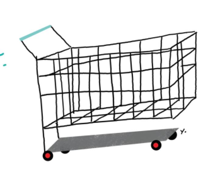 Line illustration of shopping cart with two figure standing on either side.