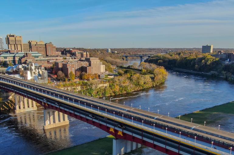 Twin Cities, Minnesota skyline over river
