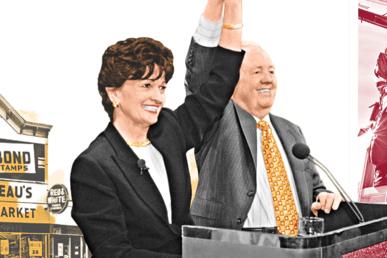 Illustrated collage of business leader Marilyn Carlson Nelson and Curt Carlson, her father.