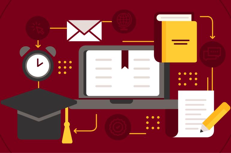 Application, resume, pencil and computer illustrations on maroon background