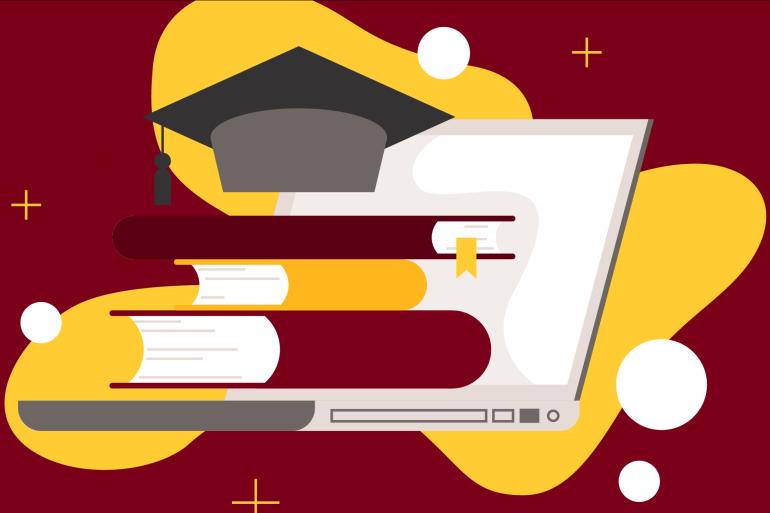 Illustration of a graduation cap and books on top of an open laptop
