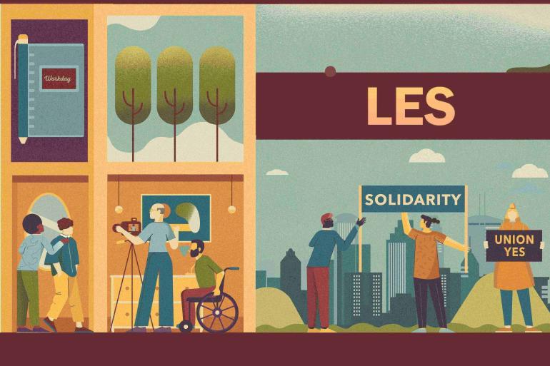 Illustration of LES' vision, including model workplace, movement impact, and solidarity. Images are both indoors and outdoors.