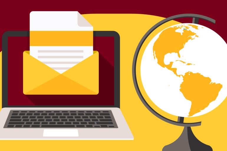 Illustration of laptop with envelop on it next to a globe
