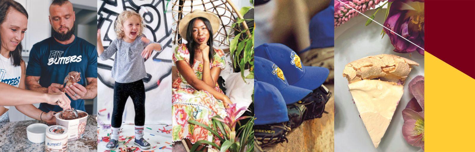 A series of photos spliced together starting with two people scooping out Fit Butter, a toddler playing in confetti, a woman posing near plants, a row of baseball caps, and a piece of pie.