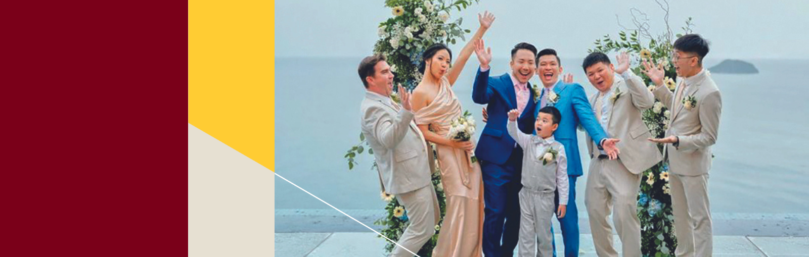 Alum Eric Lean and Matthew Aoyama posing with wedding party by the ocean.