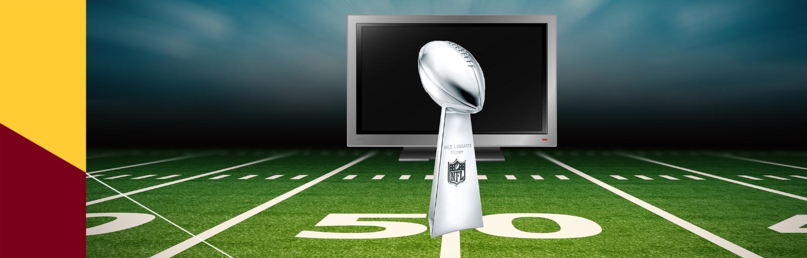 A graphic image of a Vic Lombardi trophy in front of a TV set on top of a background of a football field.