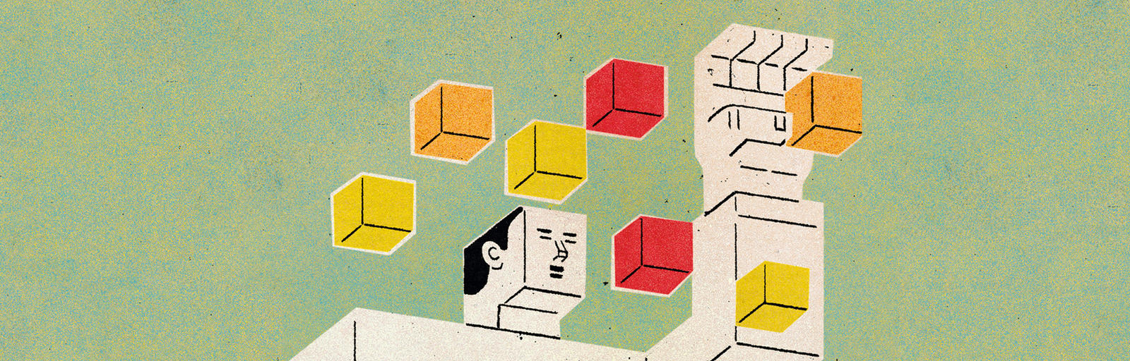 An illustration of a block person collecting cubes
