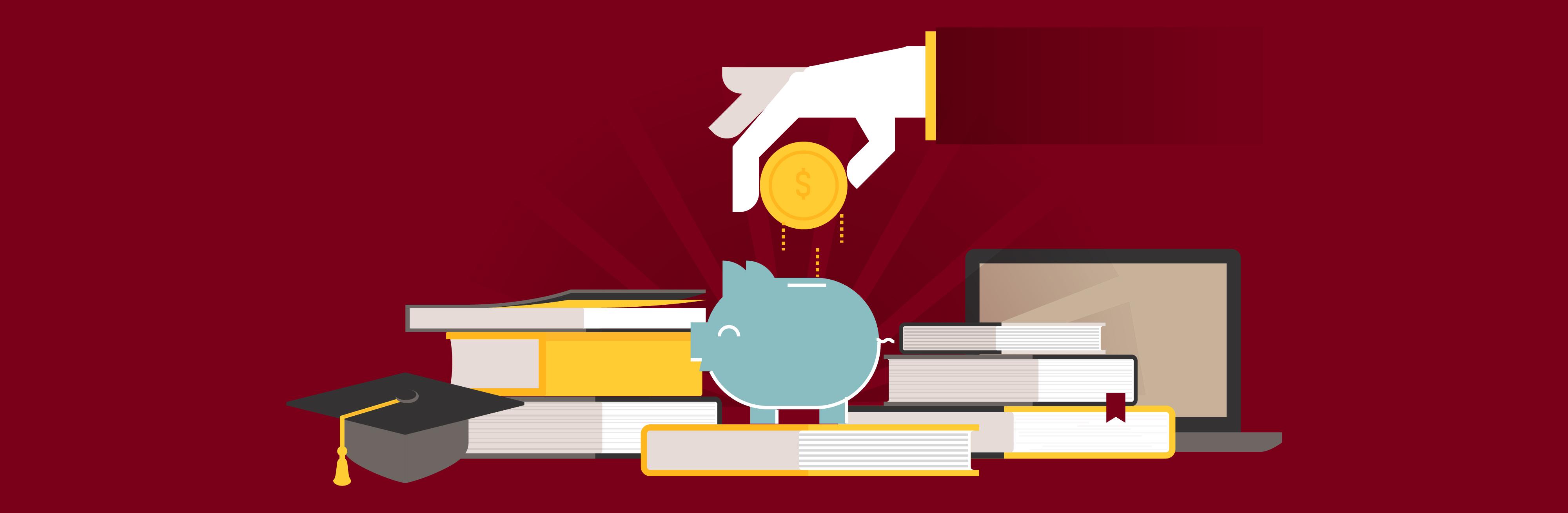 Graphic of a hand dropping a coin into a piggy bank, surrounded by books.