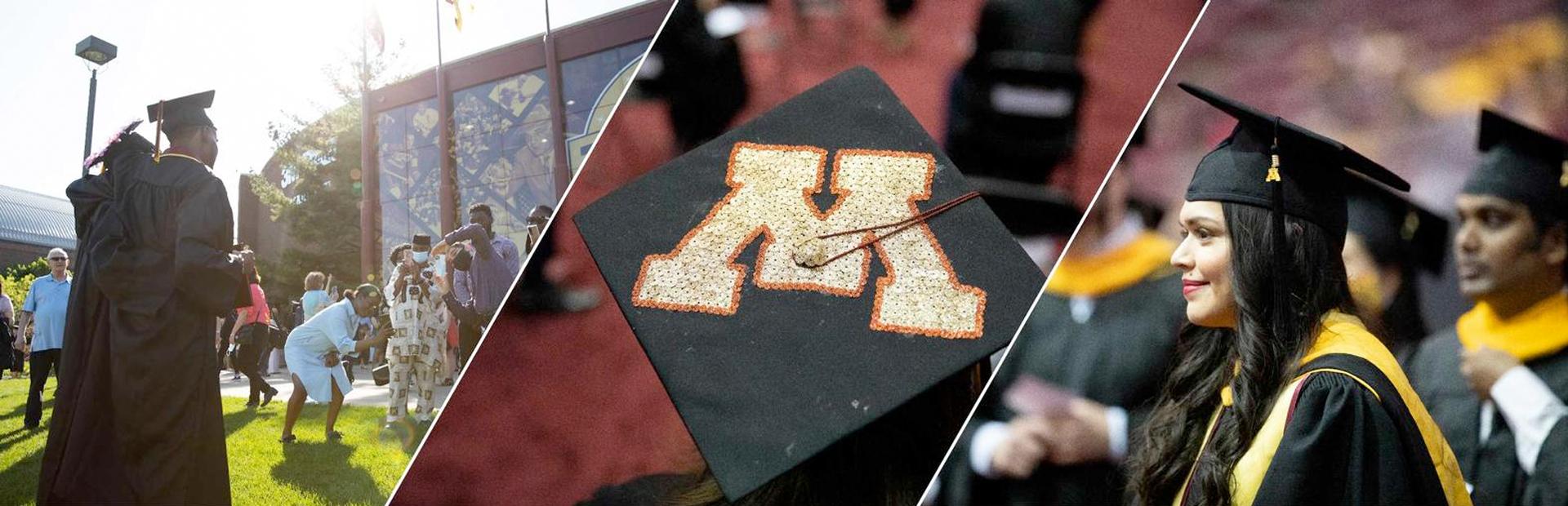 Three photos from commencement ceremonies: Graduates in caps and gowns celebrating outside, a cap with the M logo on it, and a graduate smiling