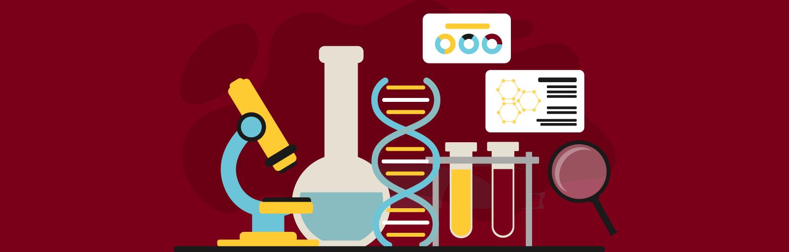 A graphic illustration of scientific equipment like a beaker, test tubes, and microscope, alongside graphs and diagrams and a DNA double helix.