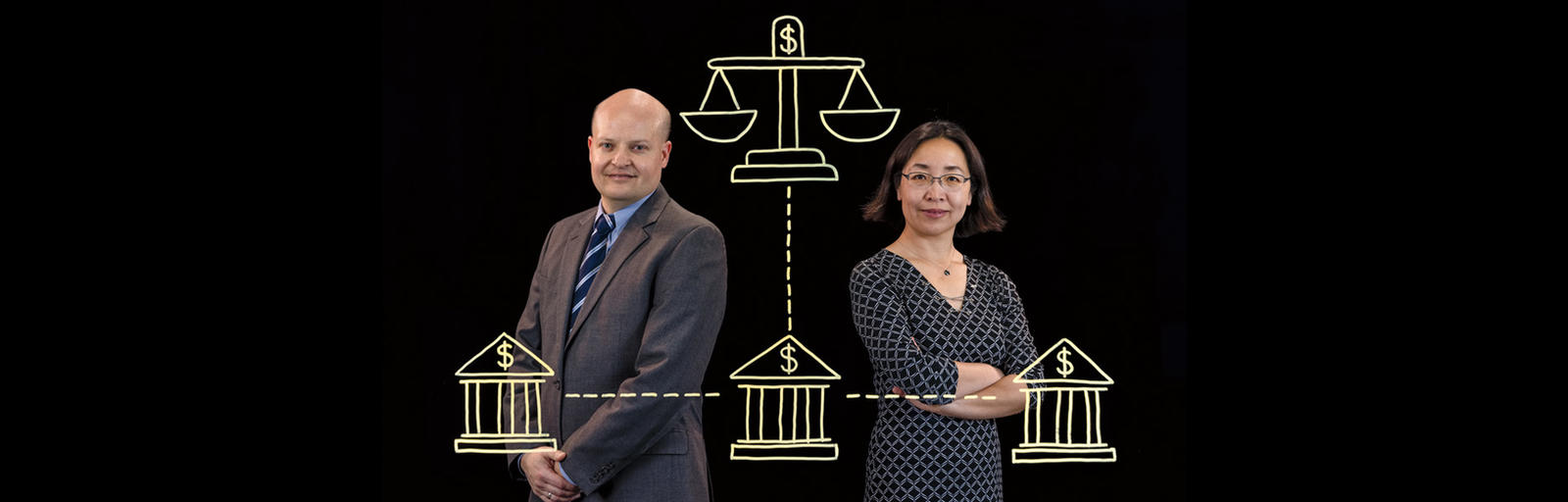 Michael Iselin and Helen Zhang stand behind an illustration depicting a network of banks and mutual funds.