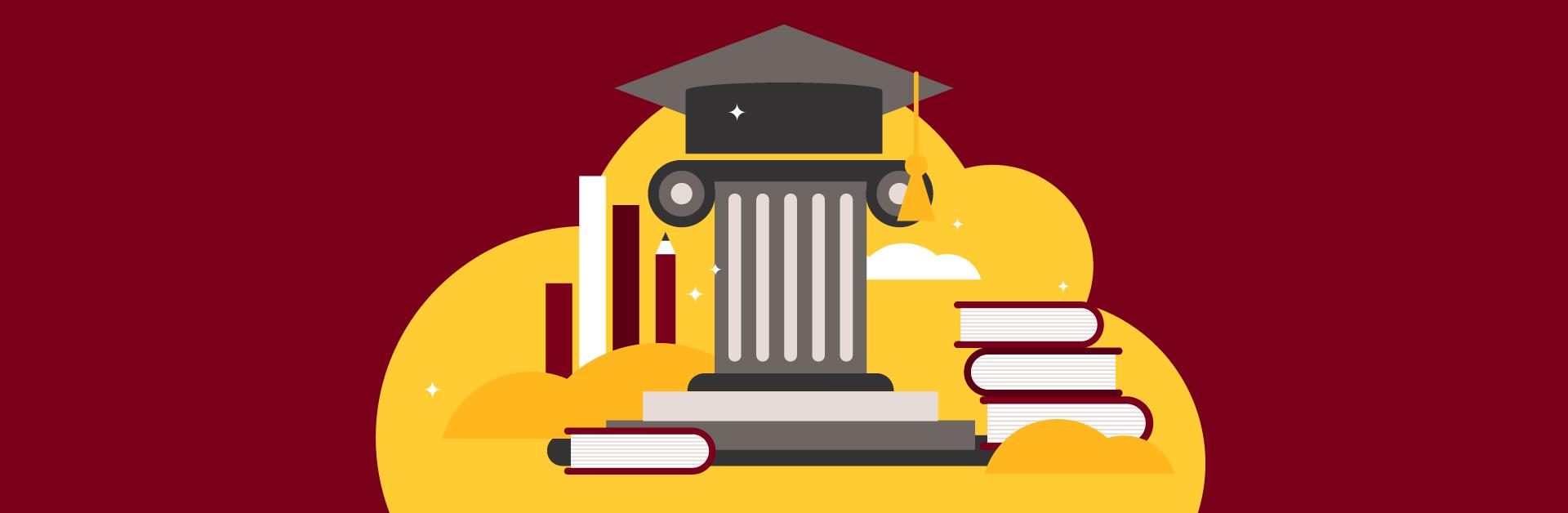 Graduation cap on column surrounded by books and bar chart graphic illustration.