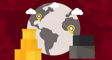 Illustration of boxes in front of a globe with two connecting destinations