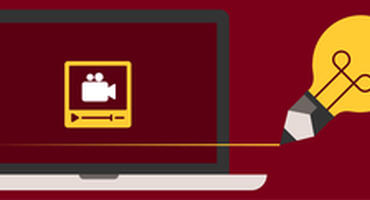 Laptop illustration on maroon background with yellow pencil bulb