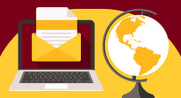 Illustration of laptop with envelop on it next to a globe