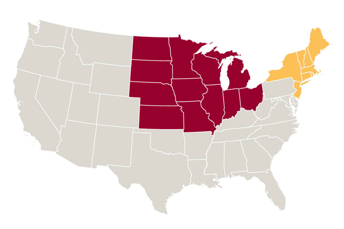 Map of United States with the midwest and northeast region highlighted