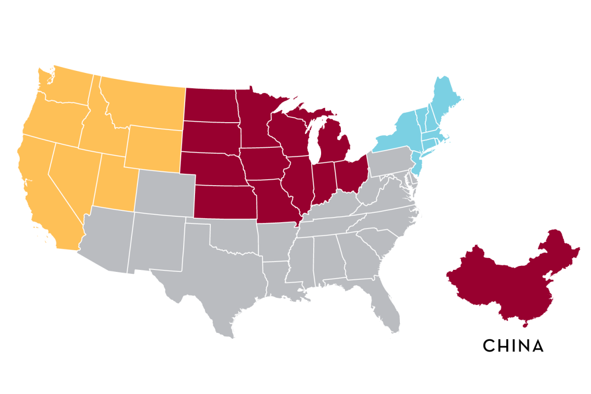 Map of united states plus China