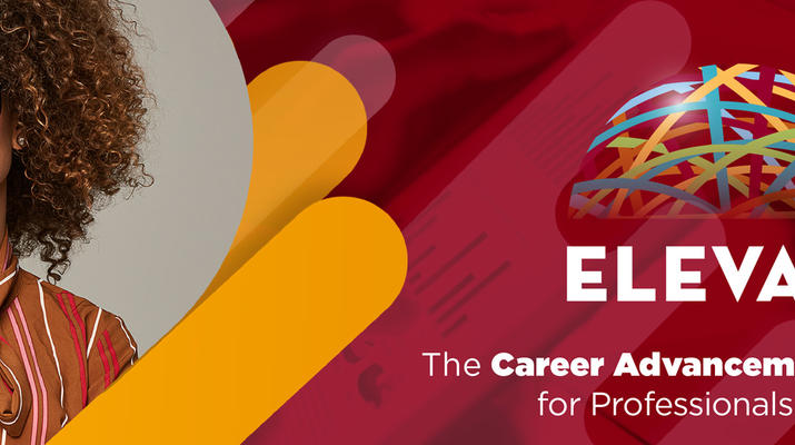 A graphic colorful globe is above the words "Elevate: The Career Advancement Conference for Professionals of Color" and a photo of a professional posing for a photo.