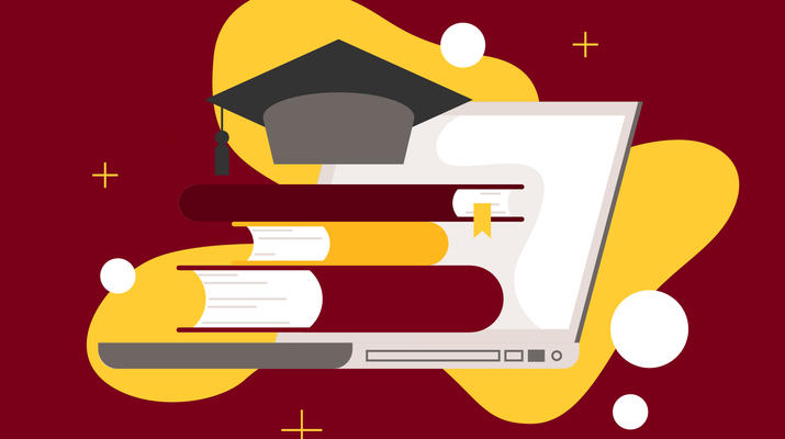 Illustration of a graduation cap and books on top of an open laptop