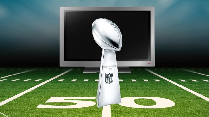 A graphic image of a Vic Lombardi trophy in front of a TV set on top of a background of a football field.