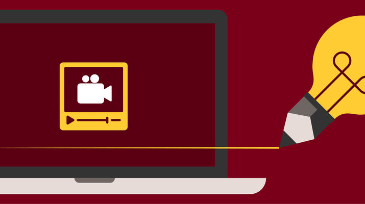 Laptop illustration on maroon background with yellow pencil bulb