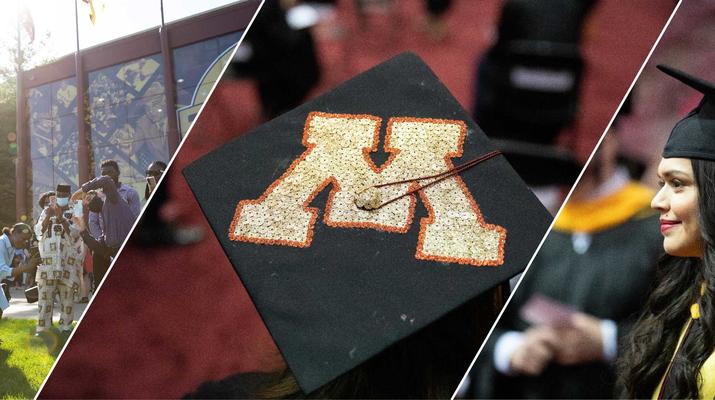 Three photos from commencement ceremonies: Graduates in caps and gowns celebrating outside, a cap with the M logo on it, and a graduate smiling