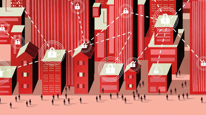 Illustration by Adam Simpson - Illustration of red and tan buildings with icons of blockchain.