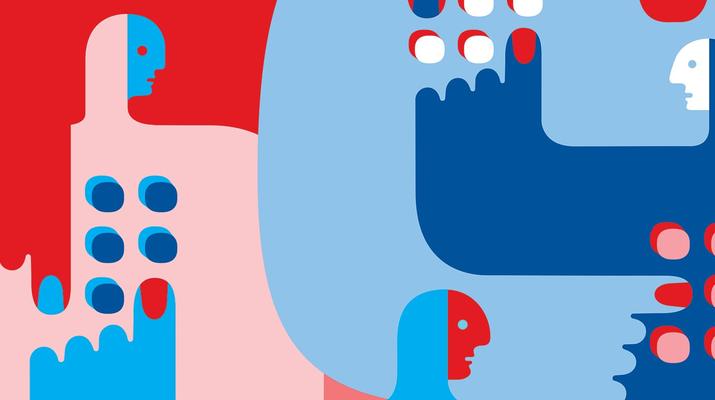 Colorful blue, red, and pink abstract illustration of hands and faces.